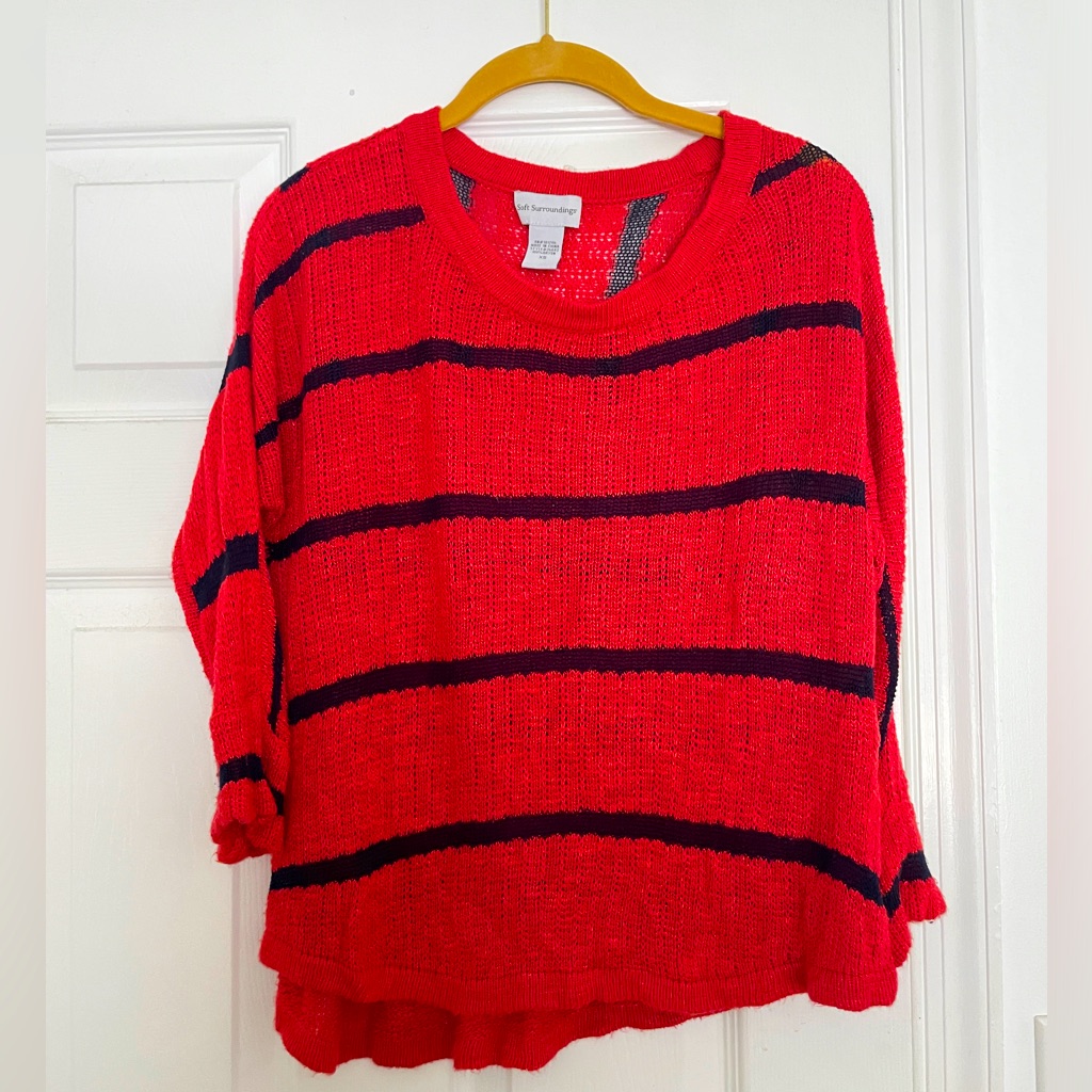 Soft Surroundings Size Xs 3/4 Length Crew Neck Knit Sweater, Orange & Navy Blue.